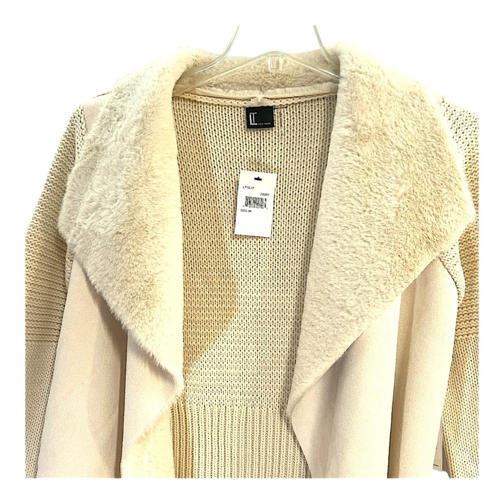 LOVE TOKEN Faux Suede Open Cream Sweater/Cardigan in knitted design NWT SZ MED - Picture 7 of 16